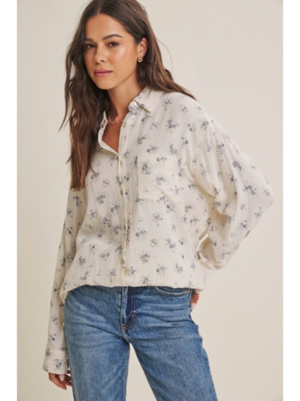 Cream Blue Floral Cotton Gauze Button Down Relaxed Fit Shirt